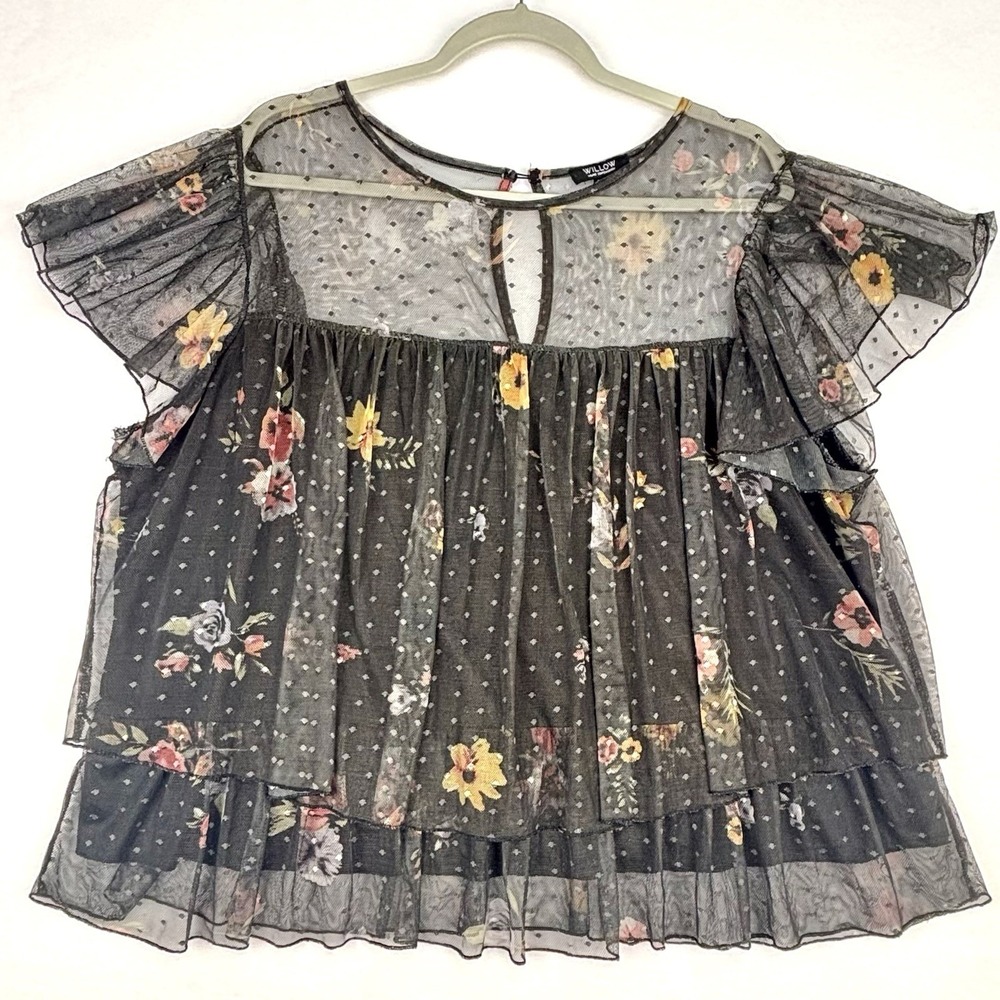 Willow Black Baby Doll Floral Print Mesh Top Blouse Dark Fairy Goth Grunge 2X‎